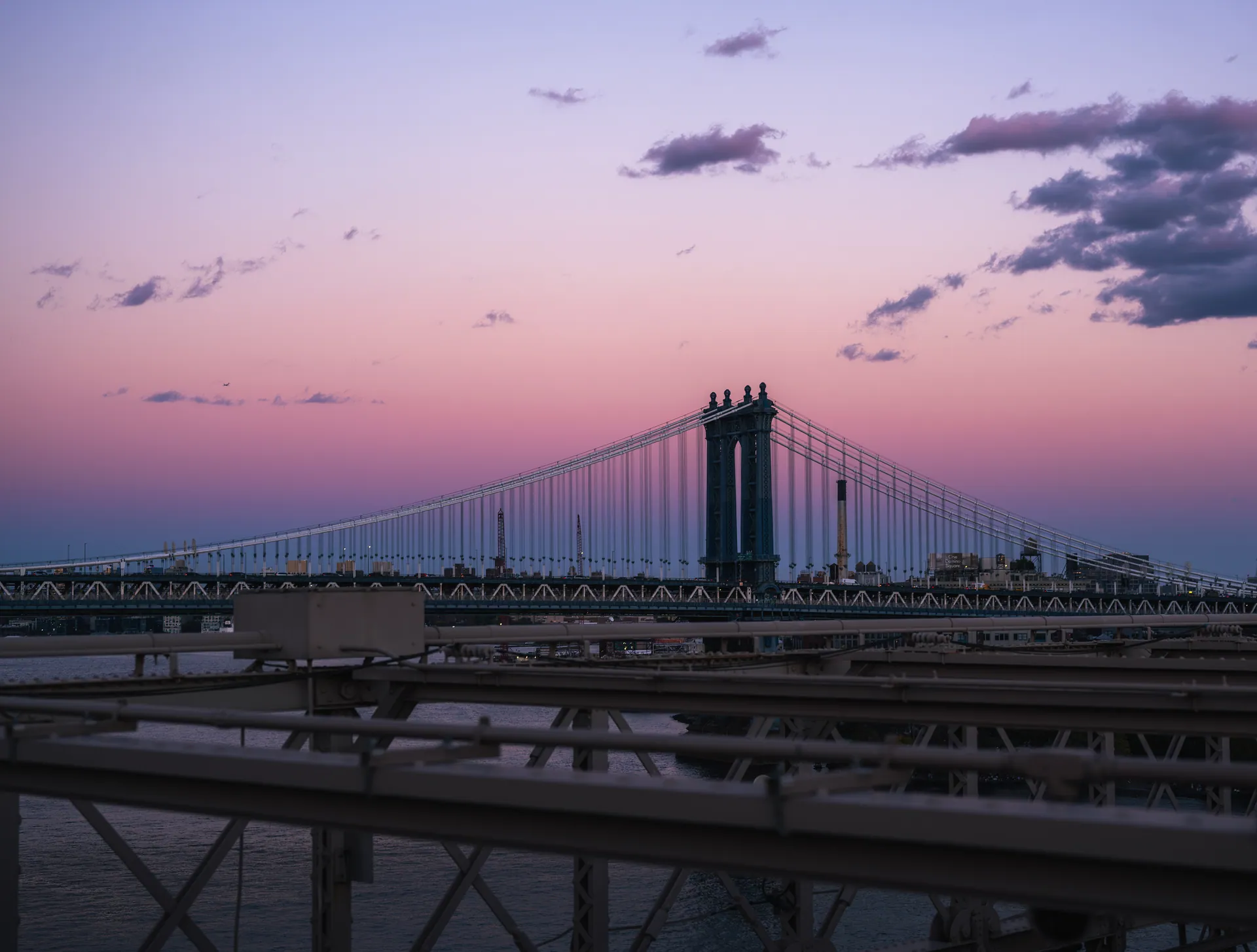 Manhattan Bridge at dusk, seen from the Brooklyn Bridge